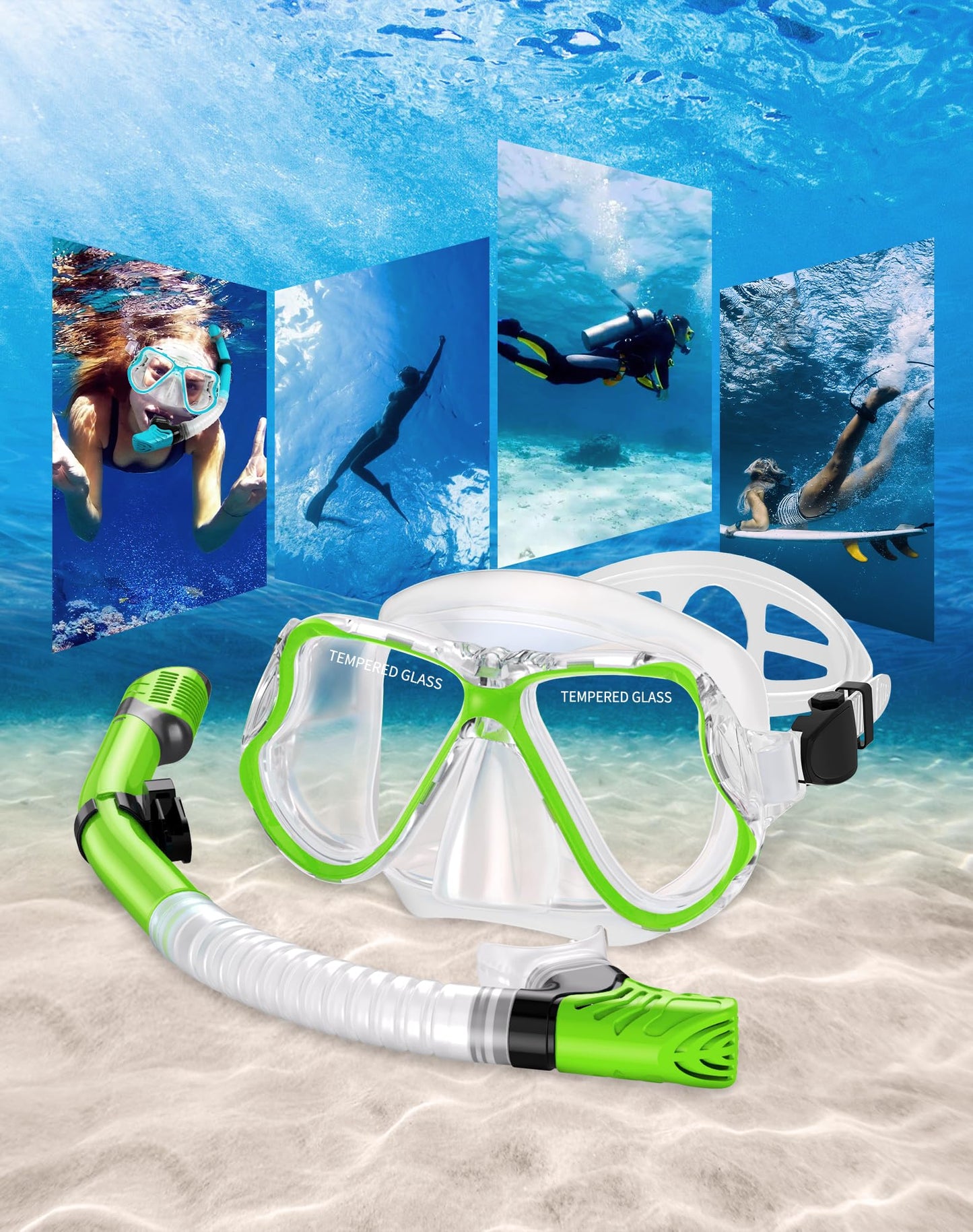 Greatever Dry Snorkel Set,Panoramic Wide View Anti-Fog Scuba Diving Mask,Professional Snorkeling Gear for Adults Kids