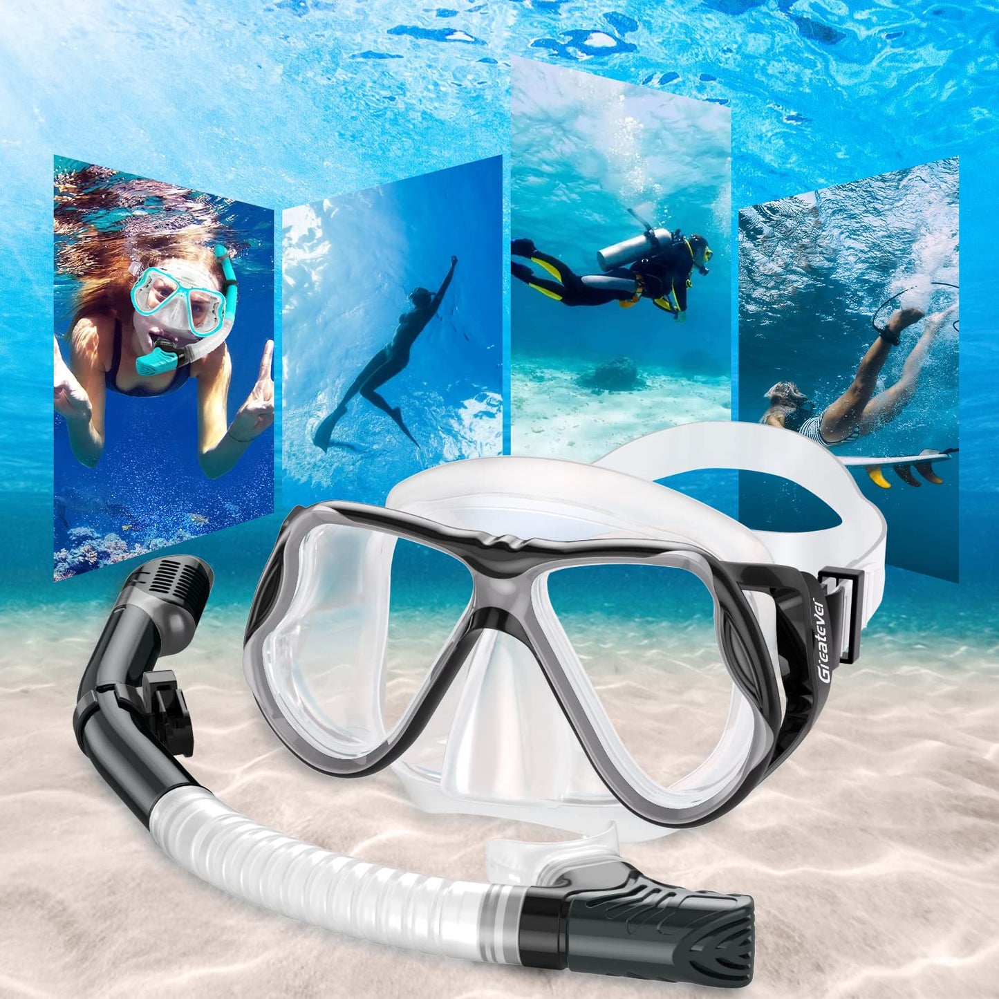 Greatever Dry Snorkel Set,Panoramic Wide View Anti-Fog Scuba Diving Mask,Professional Snorkeling Gear for Adults Kids