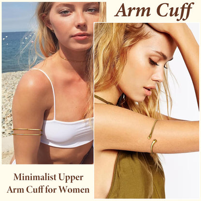 PEALICIOUS 2 STÜCK Gold Armmanschette für Damen, Arm Cuff Gold Minimalistisches Oberarmarmband für Mädchen, Stapelbare Armbandmanschetten, Verstellbare Armreifen Offen als Boho Valentinstag Schmuck Strand Sommer Geschenke