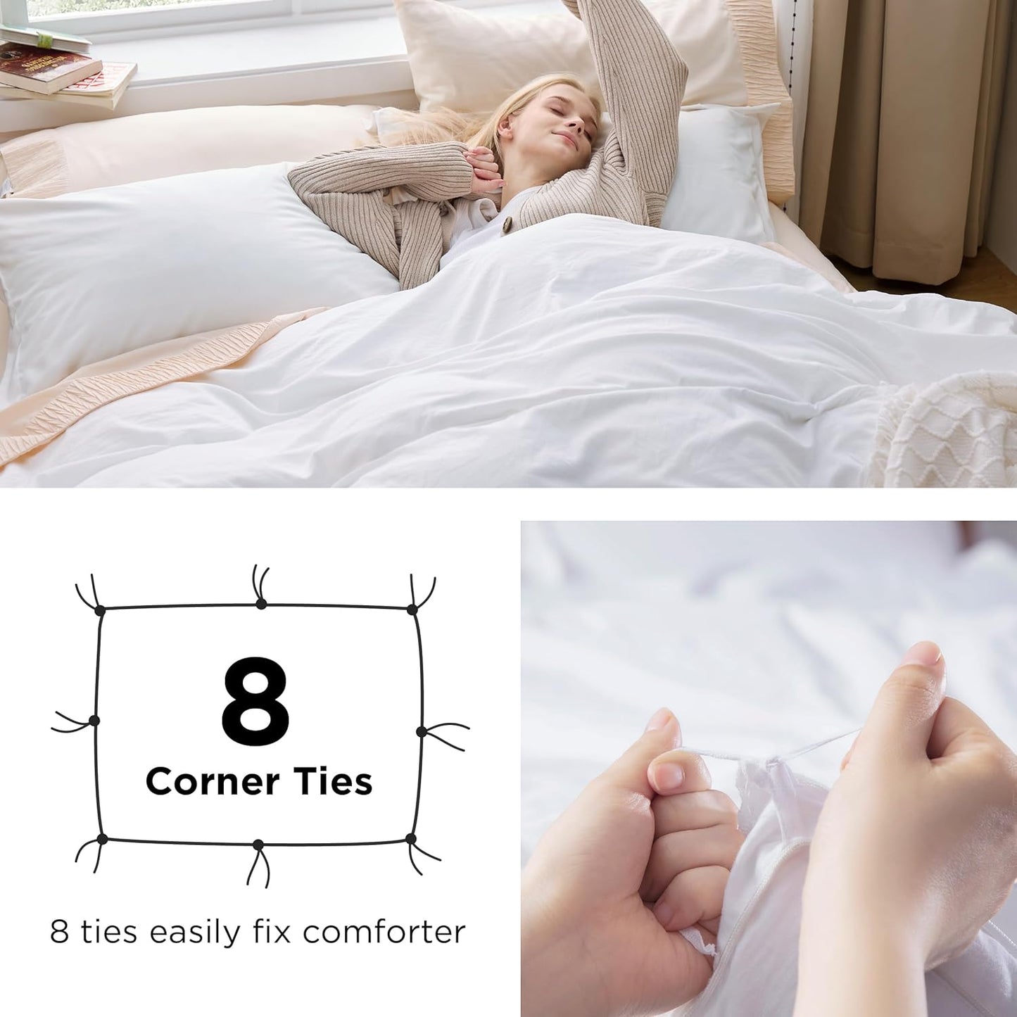 Funda nórdica blanca Bedsure, tamaño Queen, 3 piezas, aspecto de algodón prelavado, juego de cama extrasuave, incluye 1 funda nórdica de 228 x 228 cm con cierre de cremallera y 2 fundas de almohada, edredón no incluido