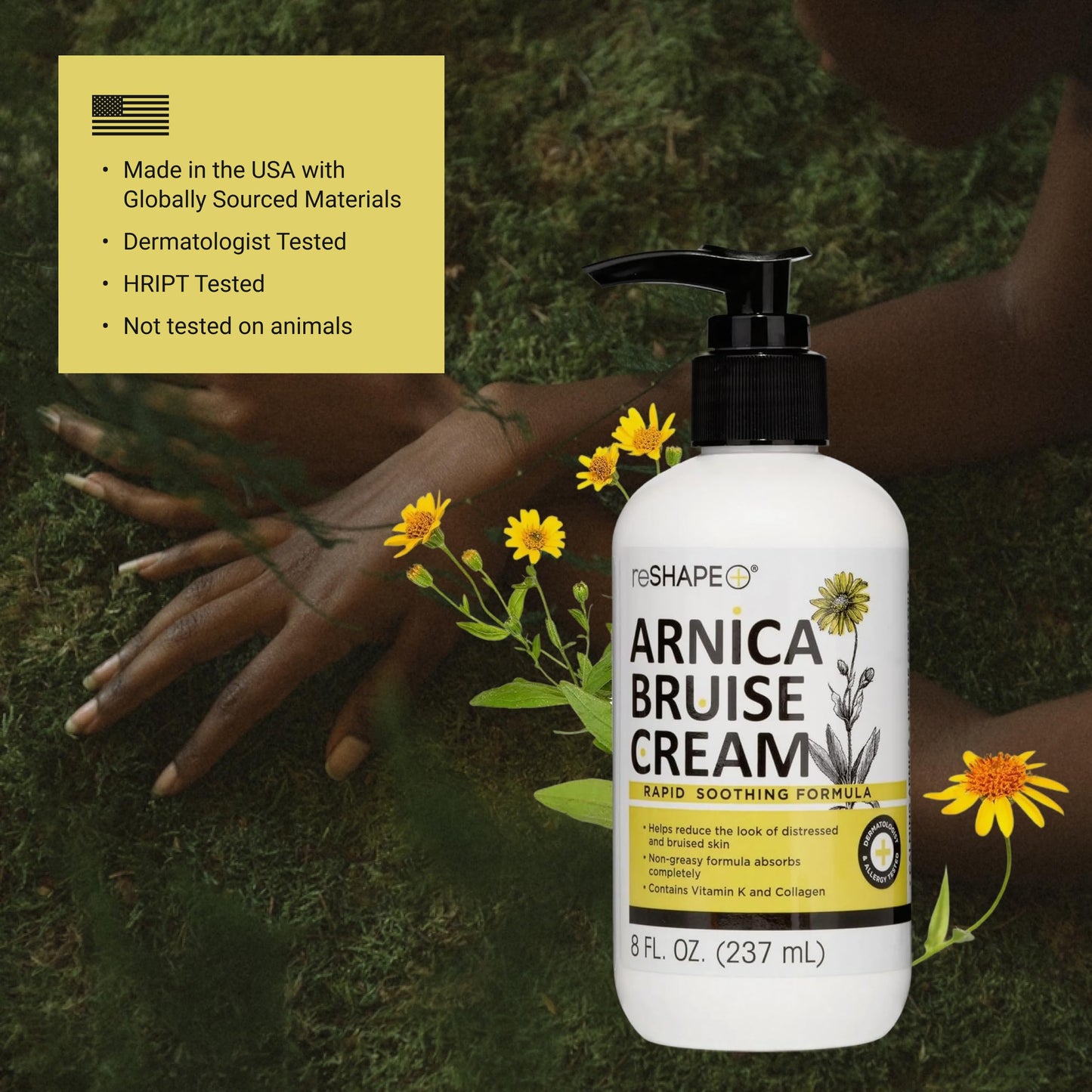 Reshape+ Arnica Bruise Relief Topical Cream For Bruising, Swelling, & Discoloration On Skin, Natural Skin Care Homeopathic Arnica Lotion W/Vitamin K, Horse Chestnut, & Collagen, Large 8 Fl Oz