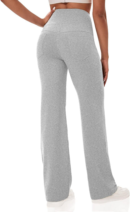 VOOVEEYA Yogahosen für Damen mit Taschen, gerade geschnittene Hose mit weitem Bein, hochtaillierte Business-Hose, petite/regulär//lang