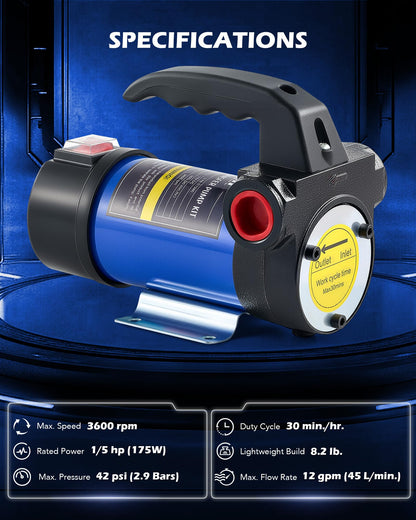 Orion Motor Tech Electric Fuel Transfer Pump with Auto-Shutoff, 3.2GPM Gas Can Pump, 51" Hose, USB-C & AA Battery (NO BATTERIES INCLUDED) Powered, 4 Adapters for Gasoline, Diesel, Kerosene, Blue