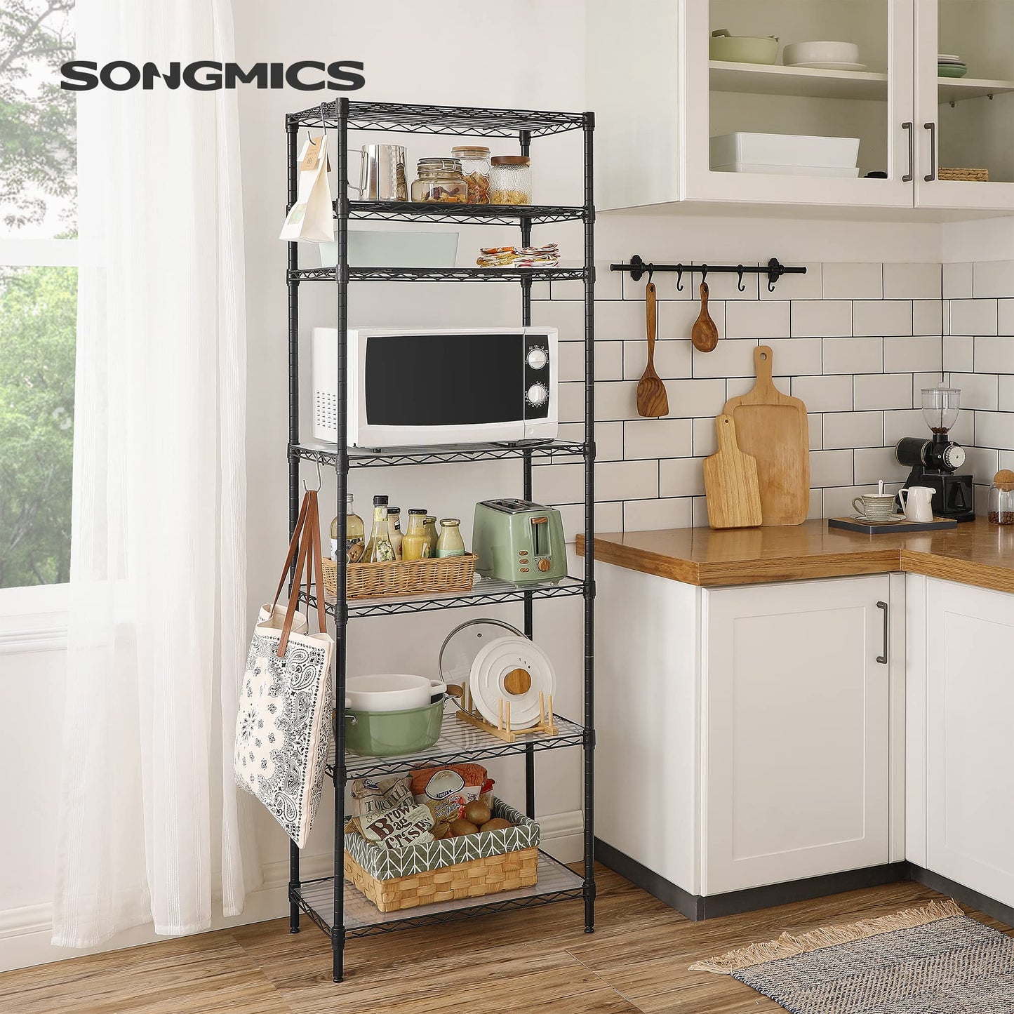 SONGMICS Storage Shelf, Small Metal Wire Shelving Unit, Adjustable Shelves, for Small Spaces, Garage, Bedroom, Living Room, Kitchen, Pantry, 5 Tier, 11.8 x 11.8 x 47.6 Inches, Ink Black ULGR123BH01