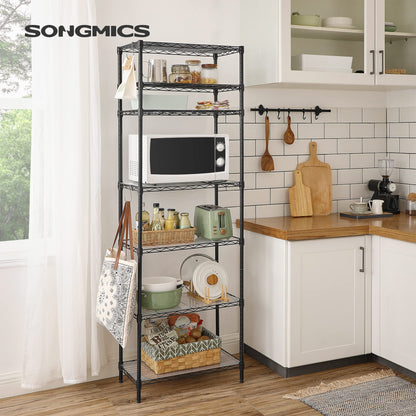 SONGMICS Storage Shelf, Small Metal Wire Shelving Unit, Adjustable Shelves, for Small Spaces, Garage, Bedroom, Living Room, Kitchen, Pantry, 5 Tier, 11.8 x 11.8 x 47.6 Inches, Ink Black ULGR123BH01
