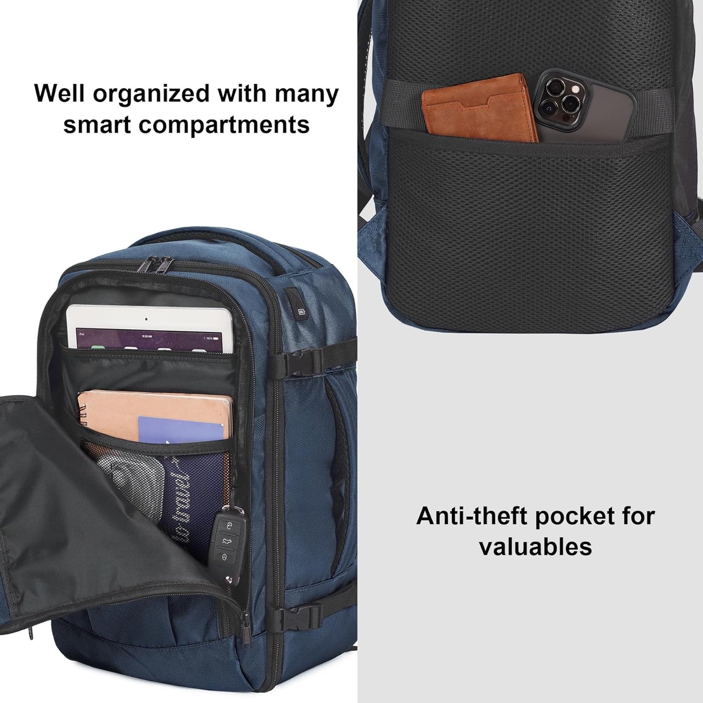 ECOHUB 16'' Reise-Rucksack Handgepäck Unterseat-Rucksack Persönlicher Gegenstand Flugzeug-Reisetasche mit 13 Taschen Handgepäck Flaschenhalter USB-Ladeanschluss Casual Daypack für Frauen Männer Schwarz