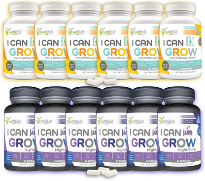 I Can Grow 6-Month Supply Bundle – 6x Day-Time + 6x Night-Time Growth Supplements for Kids 10+ & Teens | L-Arginine, Colostrum, Magnesium | Daily Height Support + Sleep Aid for Natural Growth | 12-Pac