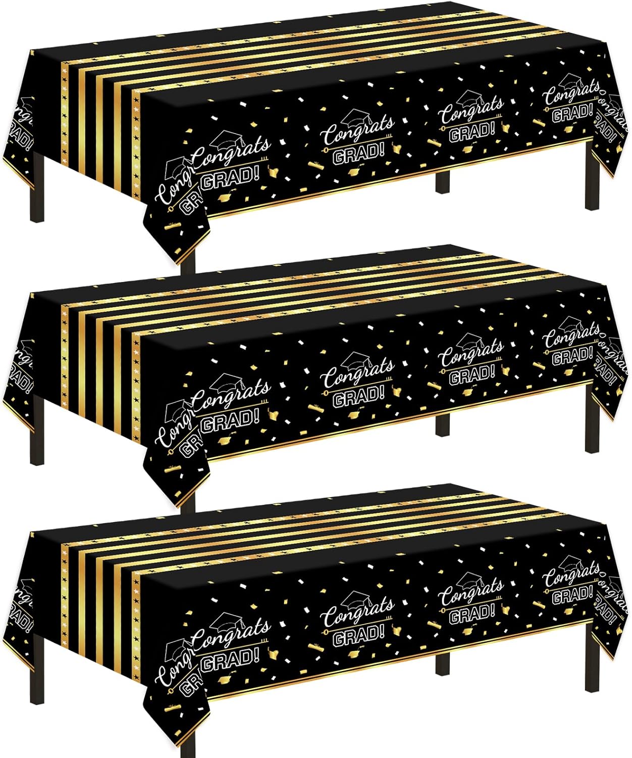 Childom 3 Pack Graduation Tablecloth,Graduation Decorations Class of 2026 Graduation Party Decorations,54"x108" Black and Gold Plastic Table Cloth Disposable Rectangle for Home,School,Party Supplies