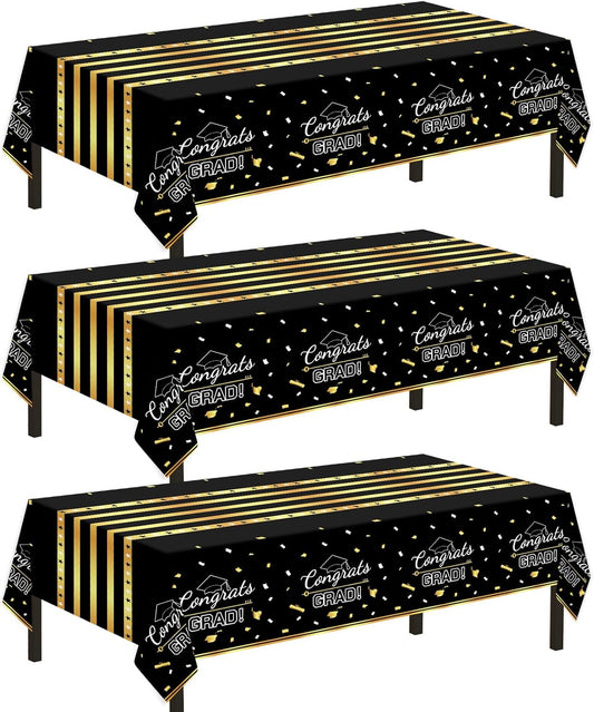 Childom 3 Pack Graduation Tablecloth,Graduation Decorations Class of 2026 Graduation Party Decorations,54"x108" Black and Gold Plastic Table Cloth Disposable Rectangle for Home,School,Party Supplies