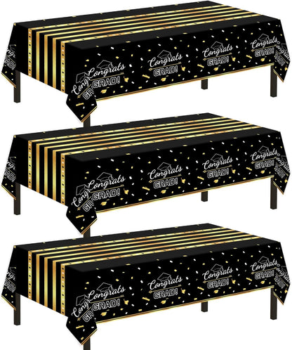 Childom 3 Pack Graduation Tablecloth,Graduation Decorations Class of 2026 Graduation Party Decorations,54"x108" Black and Gold Plastic Table Cloth Disposable Rectangle for Home,School,Party Supplies