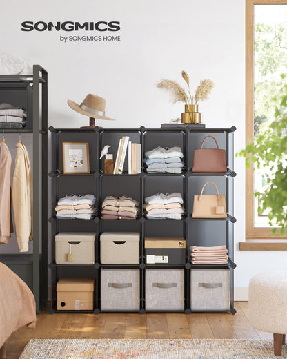 SONGMICS Cube Storage Organizer, Set of 16 Plastic Cubes, Closet Organizers and Storage, Room Organization, Bedroom Living Room, 12.2 x 48.4 x 48.4 Inches, Rustic Brown ULPC442A01