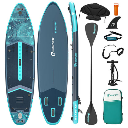 FBSPORT 11' Premium Stand Up Paddle Board, Yoga Board with SUP Accessories & Carry Bag | Wide Stance, Surf Control, Non-Slip Deck, Leash, Paddle and Pump for Youth & Adult