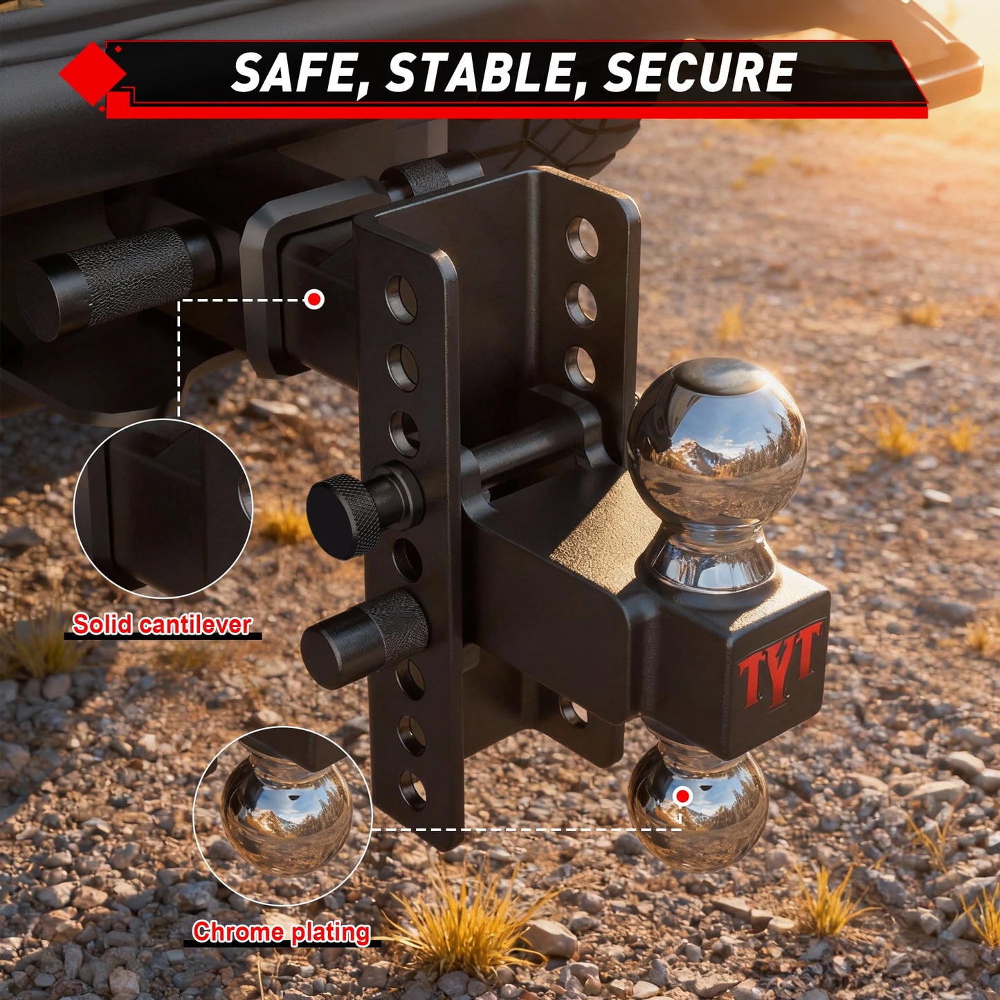 TYT Adjustable Truck Trailer Hitch for 2 inch Receiver, 6" Drop/Rise Tow Hitch with Dual Balls (2" & 2-5/16"), Compatible with Heavy-Duty Trailer Systems up to 20,000 lbs, Includes Hitch Tightener