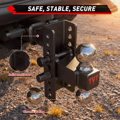 TYT Adjustable Truck Trailer Hitch for 2 inch Receiver, 6" Drop/Rise Tow Hitch with Dual Balls (2" & 2-5/16"), Compatible with Heavy-Duty Trailer Systems up to 20,000 lbs, Includes Hitch Tightener