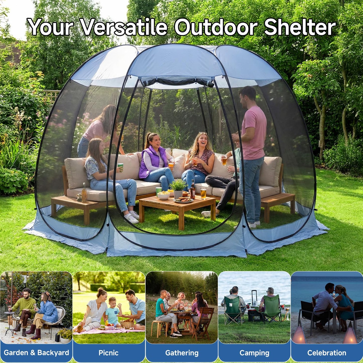 Alvantor Pop Up Screen House Tent, Instant Outdoor Gazebo with Mosquito Netting & UPF 50+ Sun Protection, Portable Canopy Shelter for Patio, Backyard, Camping (2-10 Person)