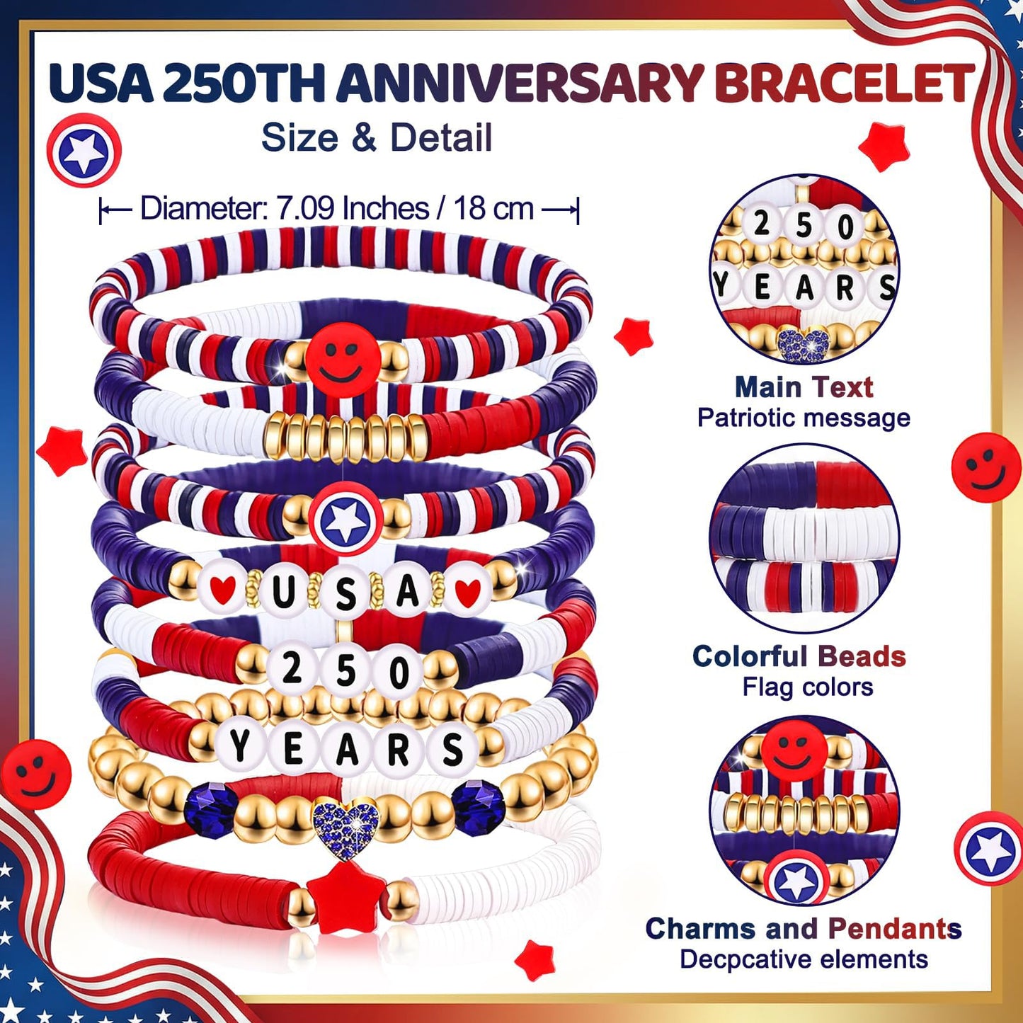 250 Anniversary USA Merchandise 4th of July Outfits for Women Men Teens Red White Blue Clay Beaded Stretch Bracelets USA Patriotic Jewelry 4th of July Accessories