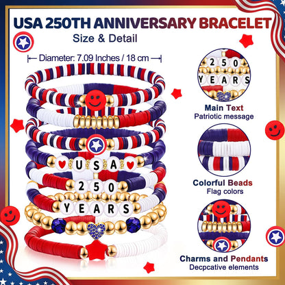 250 Anniversary USA Merchandise 4th of July Outfits for Women Men Teens Red White Blue Clay Beaded Stretch Bracelets USA Patriotic Jewelry 4th of July Accessories