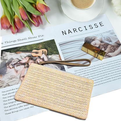 Beurlike Strohkupplung Geldbörsen für Frauen Strand Handgelenktasche Kleine Umhängetasche für Mädchen (Natur)
