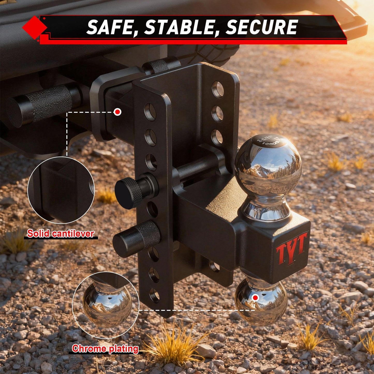 TYT Adjustable Truck Trailer Hitch for 2 inch Receiver, 6" Drop/Rise Tow Hitch with Dual Balls (2" & 2-5/16"), Compatible with Heavy-Duty Trailer Systems up to 20,000 lbs, Includes Hitch Tightener