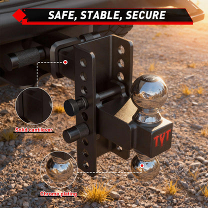 TYT Adjustable Truck Trailer Hitch for 2 inch Receiver, 6" Drop/Rise Tow Hitch with Dual Balls (2" & 2-5/16"), Compatible with Heavy-Duty Trailer Systems up to 20,000 lbs, Includes Hitch Tightener