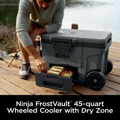 Ninja FrostVault 45QT Cooler with Wheels | Insulated with Temp Dry Storage Drawer | Keeps Ice Cold for Days | for The Beach, Camping, Picnics & More | Halocline Green | FB245TL