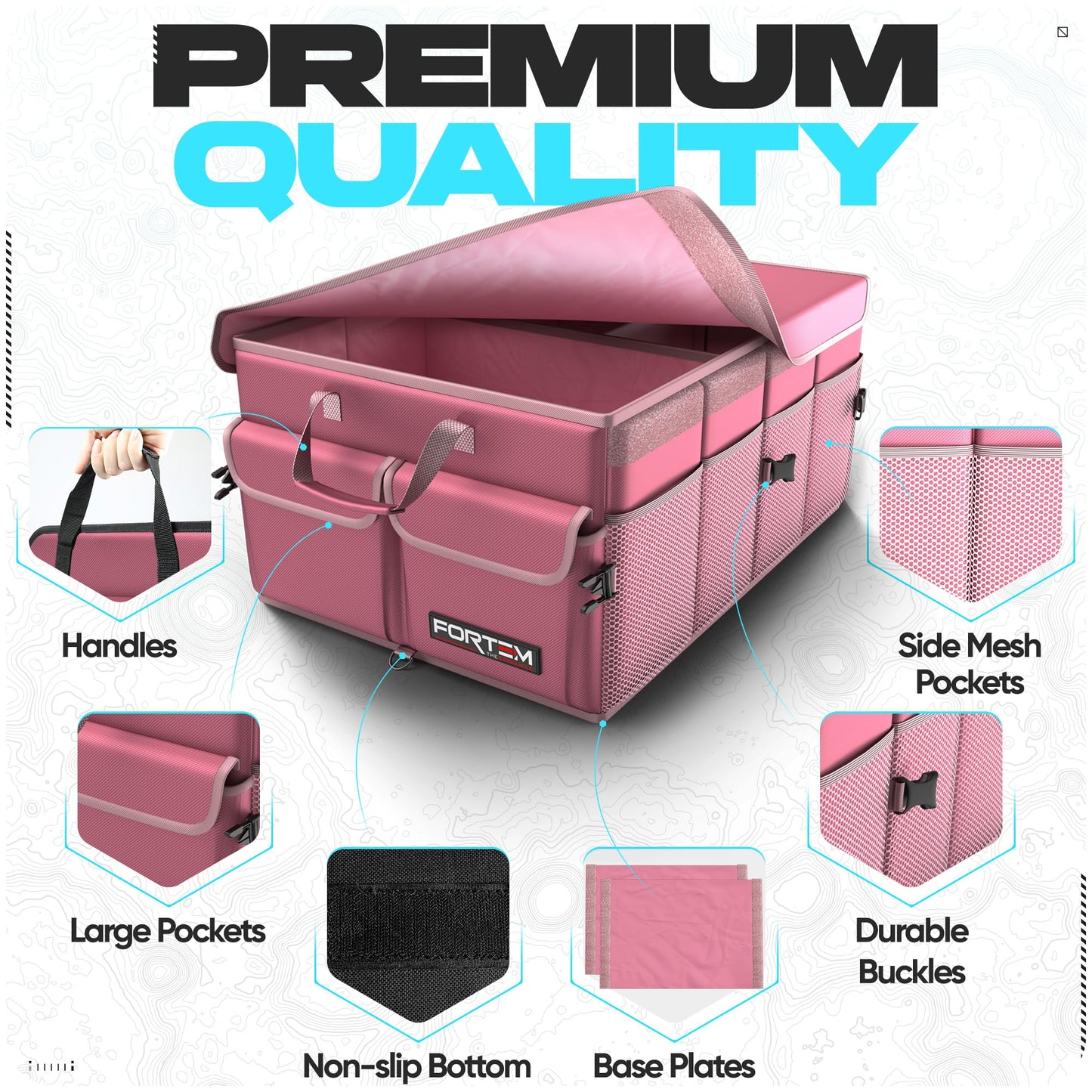 FORTEM Car Trunk Organizer, Collapsible Multi Compartment Car Organizer, Foldable SUV Storage for Car Accessories for Women Men, Non Slip Bottom, Securing Straps, Soft Cover 50L (Black, Standard)