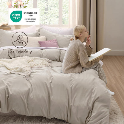 Funda nórdica blanca Bedsure, tamaño Queen, 3 piezas, aspecto de algodón prelavado, juego de cama extrasuave, incluye 1 funda nórdica de 228 x 228 cm con cierre de cremallera y 2 fundas de almohada, edredón no incluido