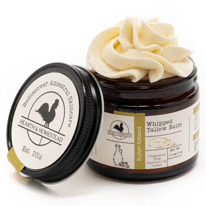 Hearth & Homestead Whipped Beef Tallow for Skin & Face - 100% Grass Fed, Eczema Cream & Body Butter - Organic Olive Oil, Calendula & Rose - Lotion & Hand Moisturizer for Dry Skin, Unscented, 1.3oz