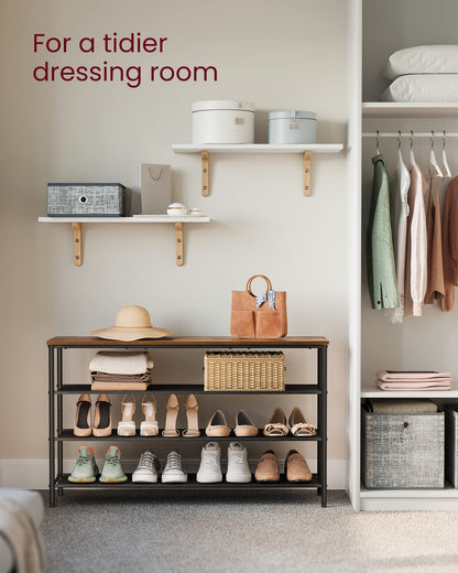 VASAGLE Shoe Rack, 4-Tier Shoe Storage Organizer for Entryway and Closet, Holds 9-12 Pairs of Shoes, 3 Fabric Shelves, Steel Frame, Industrial, Rustic Brown and Black ULBS035B01