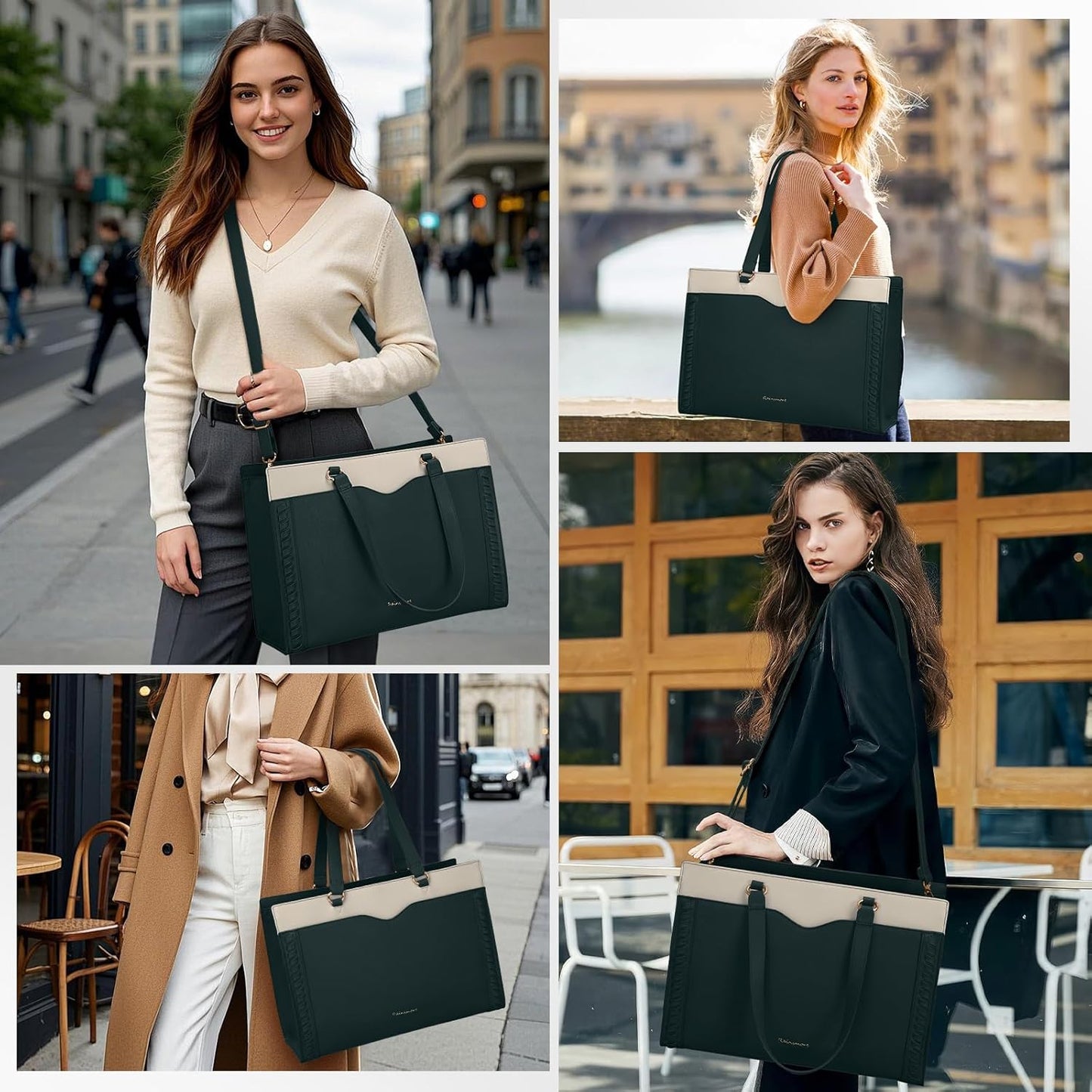 RAINSMORE Laptop Bag for Women 15.6 Inch Work Tote Bag with Detachable Strap & Bow Leather Laptop Tote with Cup Holder