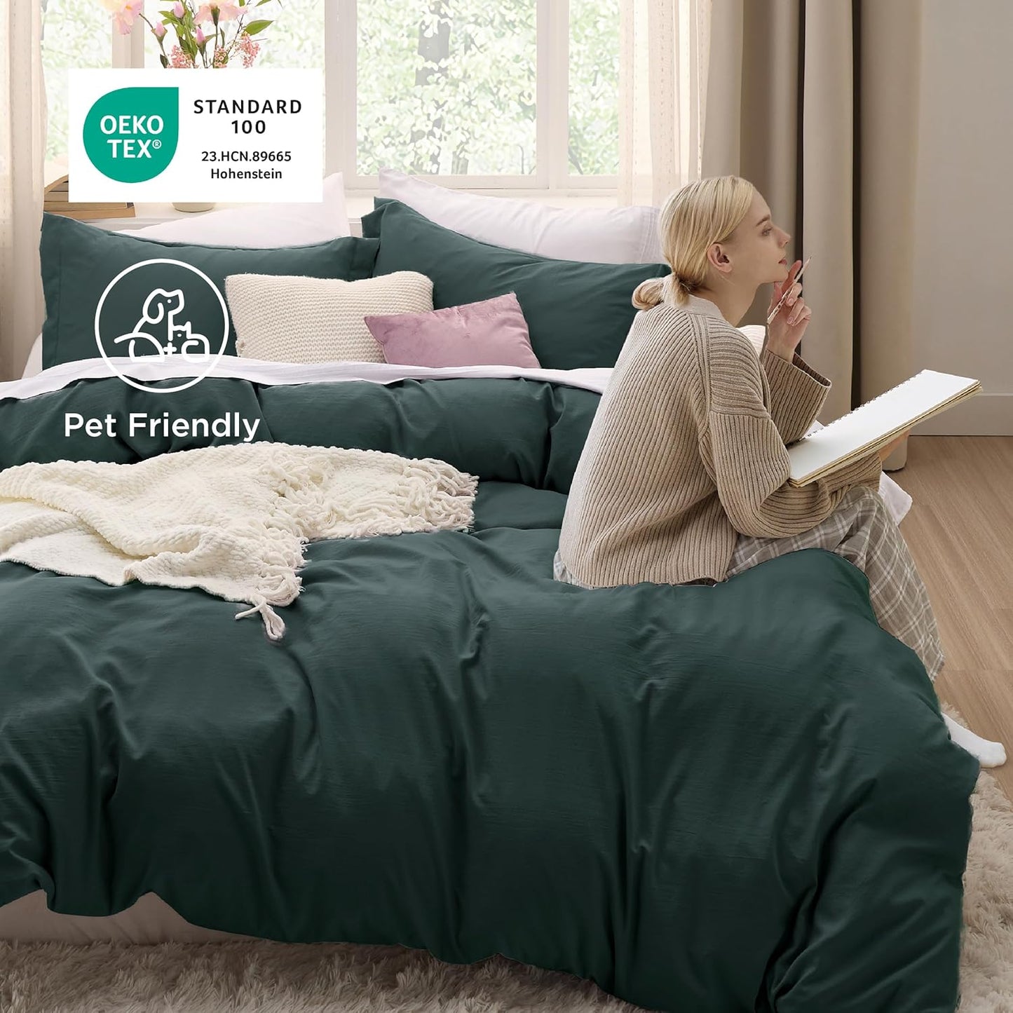 Funda nórdica blanca Bedsure, tamaño Queen, 3 piezas, aspecto de algodón prelavado, juego de cama extrasuave, incluye 1 funda nórdica de 228 x 228 cm con cierre de cremallera y 2 fundas de almohada, edredón no incluido
