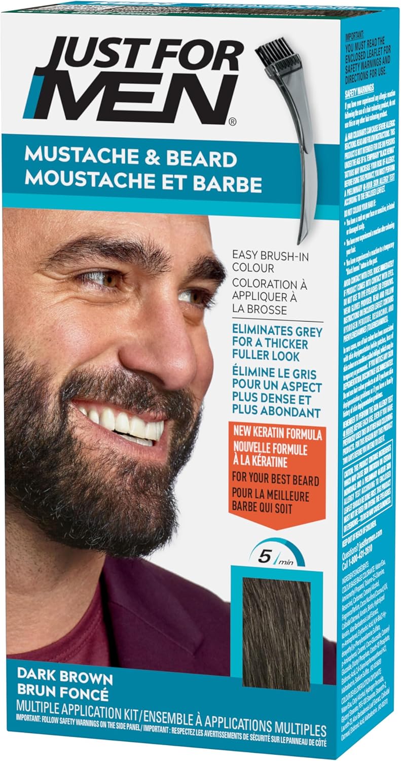 Just For Men Mustache & Beard, Beard Dye for Men with Brush Included for Easy Application, With Biotin Aloe and Coconut Oil for Healthy Facial Hair, Dark Brown, M-45 (1 Count), Packaging May Vary