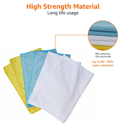 Amazon Basics Microfiber Cleaning Cloths, Ultra Absorbent, Lint Free, Streak Free, Non-Abrasive, Reusable and Washable, 16" x 12", Blue/White/Yellow, Pack of 24