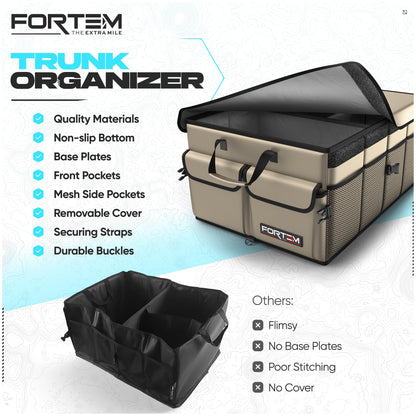 FORTEM Car Trunk Organizer, Collapsible Multi Compartment Car Organizer, Foldable SUV Storage for Car Accessories for Women Men, Non Slip Bottom, Securing Straps, Soft Cover 50L (Black, Standard)