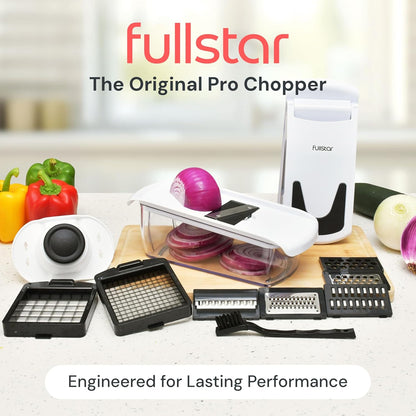 Fullstar Gemüsehacker und Mandolinenschneider - Julienne-Schneider, Würfelschneider, Reibe für Lebensmittel, Gemüse, Zwiebeln, Gurken, Tomaten, Salat, Kartoffeln, Käse - Küchenutensilien & Gadgets (Kompakt 6-in-1, Weiß)
