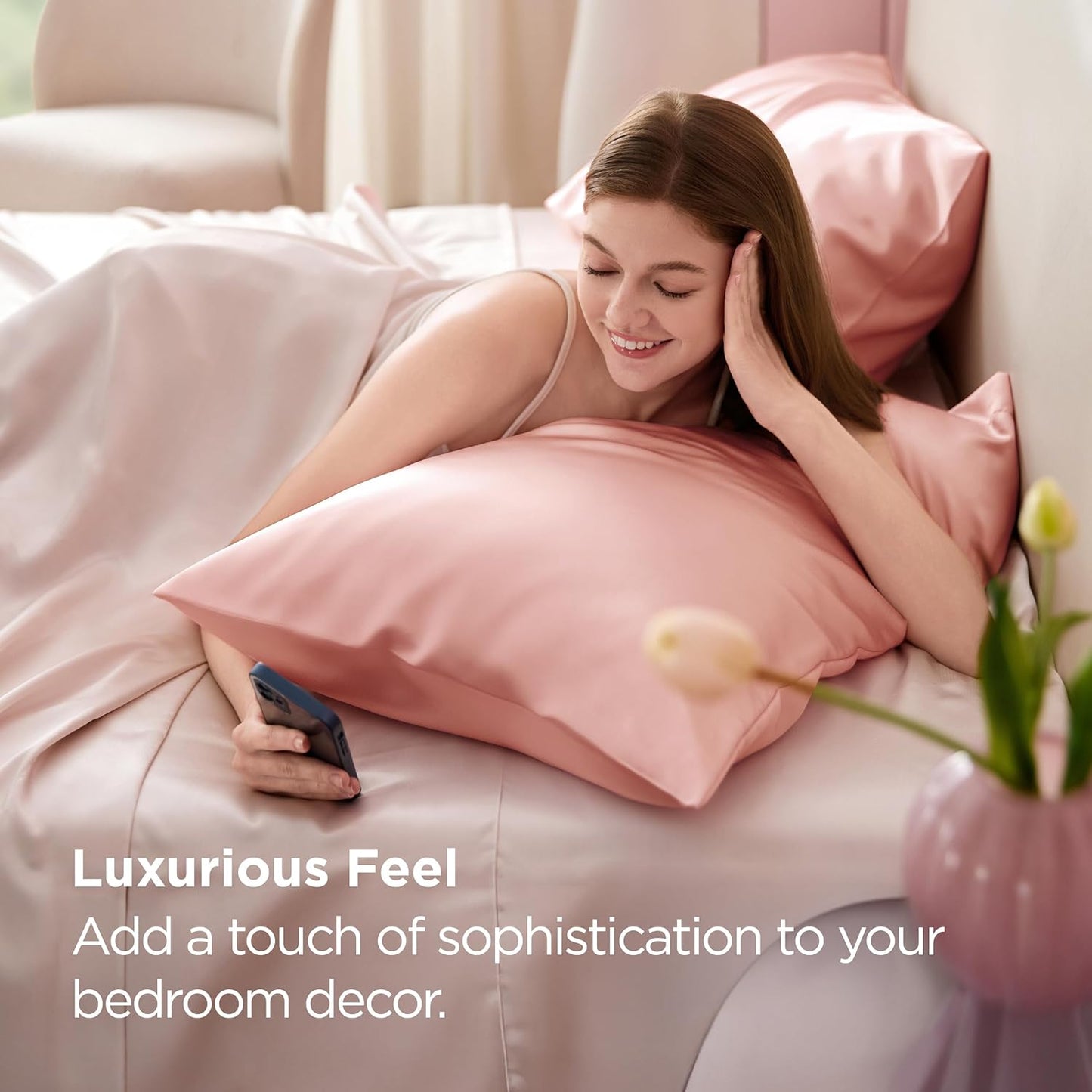 Bedsure Satin-Kissenbezug, Queen-Size, 2er-Pack, Seidenkissenbezügen ähnlich, seidige Kissenhüllen mit Hotelverschluss, Raumdeko, Valentinsgeschenke für Frauen und Männer, Grau, 50x75 cm
