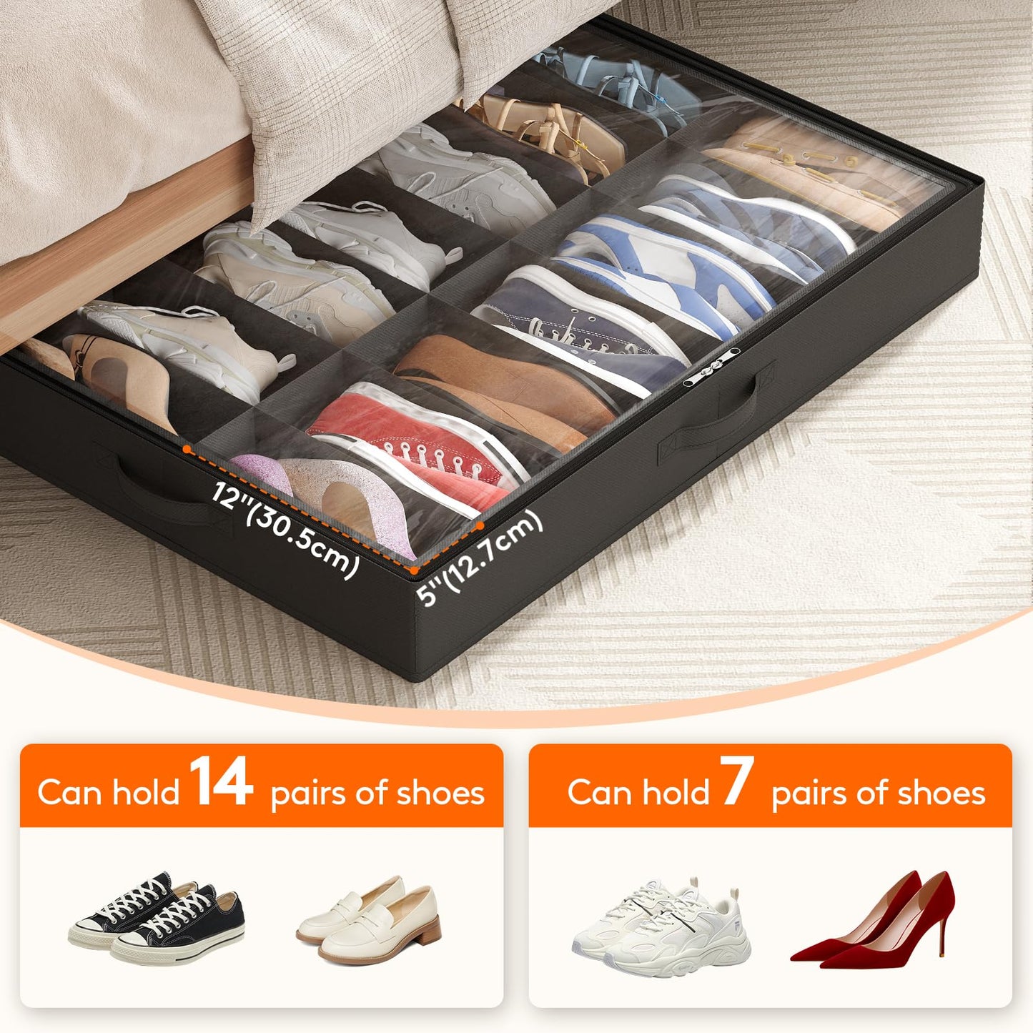 Lifewit Under Bed Shoe Storage Organizer 2 Pack(12 Shoes Cells), 4.3 Inches Profile Fabric Shoes Container Box with Clear Cover, Foldable Storage Bag with 2 Handles, Fits 12 to 24 Pairs