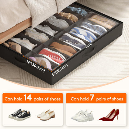 Lifewit Under Bed Shoe Storage Organizer 2 Pack(12 Shoes Cells), 4.3 Inches Profile Fabric Shoes Container Box with Clear Cover, Foldable Storage Bag with 2 Handles, Fits 12 to 24 Pairs