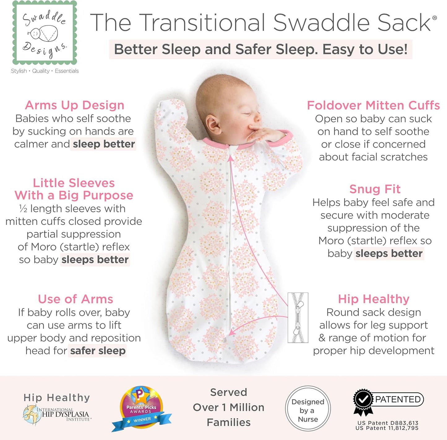 SwaddleDesigns Swaddle Sack with Arms Up Half-Length Sleeves and Mitten Cuffs,