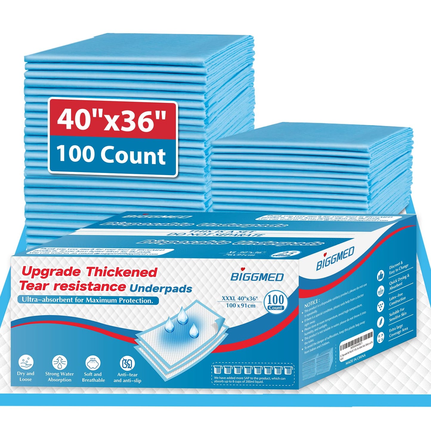 BIGGMED Tear-Resistant Incontinence Bed Pads 40'' x 36'' 130 Gram Heavy Duty (25 Count) Disposable Underpads Chucks Pads for Adults, Kids & Elderly | Protection Pads for Bed, Sofa, and Chair