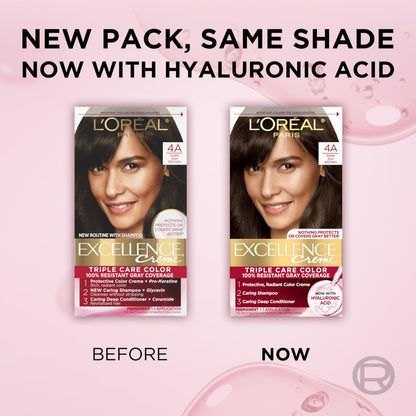 L'Oréal Paris Excellence Crème Permanente Haarfarbe, dreifache Pflegehaarfarbe mit Hyaluronsäure für 100% Grauabdeckung, 4AR Dunkles Schokobraun, 1 Packung (Verpackung kann variieren)