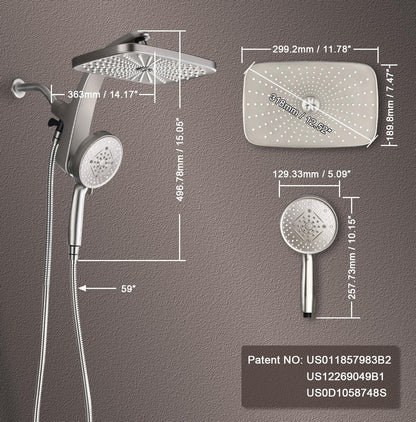 BOZYBO Rain Shower Head with Handheld: High Pressure Shower Heads with Handheld Spray Combo, 12" Rainfall Shower Head and 9 Sprays Hand Showerheads with Magnetic Docking and Power Jets, Chrome