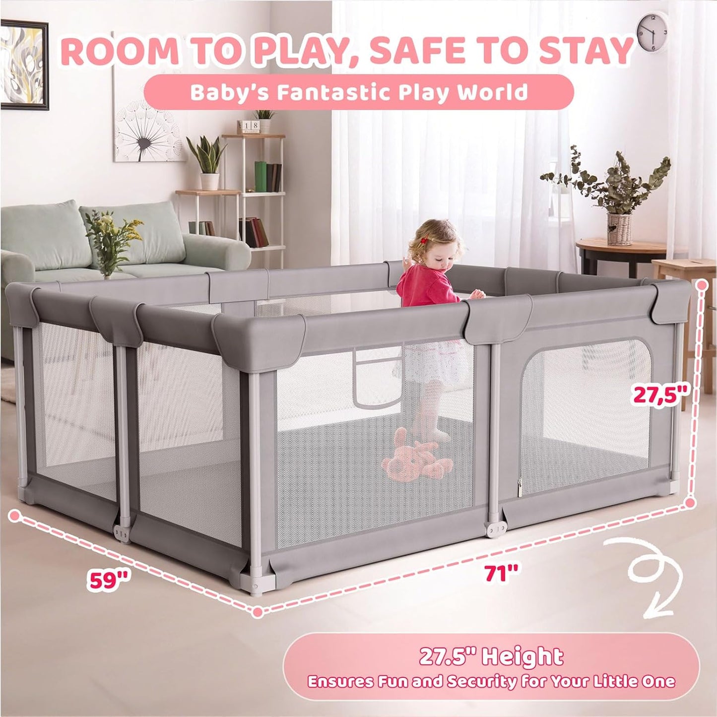 Palopalo Baby Laufgitter, 180x150cm Extra Großer Laufstall für Babys und Kleinkinder, Baby-Aktivitätszentrum mit 8 Saugnapfbasen, Baby-Laufstall mit Tür und weichem, atmungsaktivem Netz, Ohne Matte