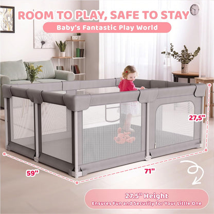 Palopalo Baby Laufgitter, 180x150cm Extra Großer Laufstall für Babys und Kleinkinder, Baby-Aktivitätszentrum mit 8 Saugnapfbasen, Baby-Laufstall mit Tür und weichem, atmungsaktivem Netz, Ohne Matte