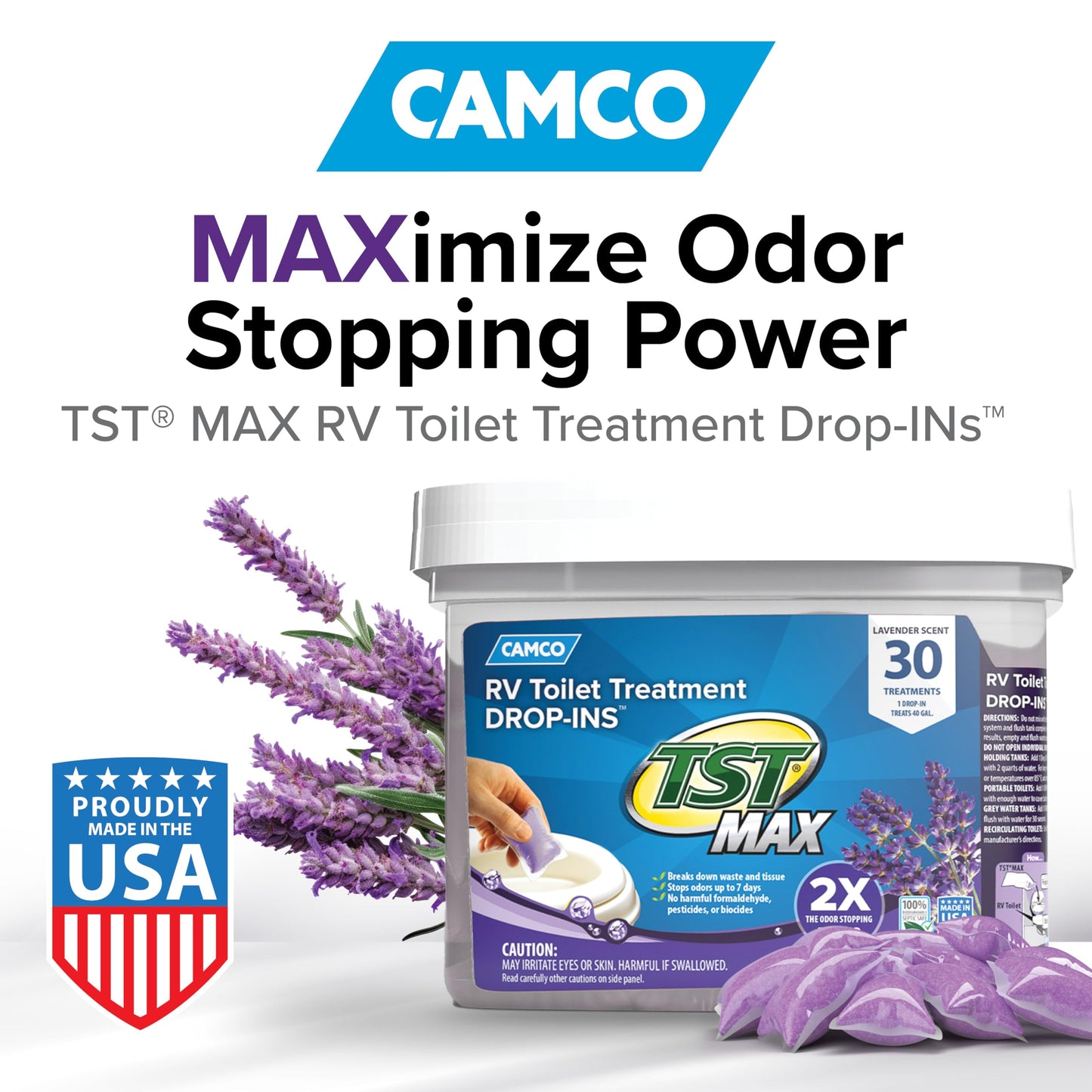 Camco TST MAX RV Toilet Treatment Drop-INs - Control Unwanted Odors & Break Down Waste and Tissue - Safe Septic Tank Treatment - Orange Scent, 30-Pack (41183)