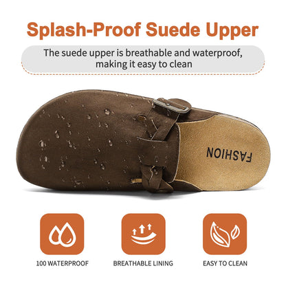 Women's Suede Clogs Mens Leather Mules Comfort Cork Footbed Sandals with Arch Support and Adjustable Buckle