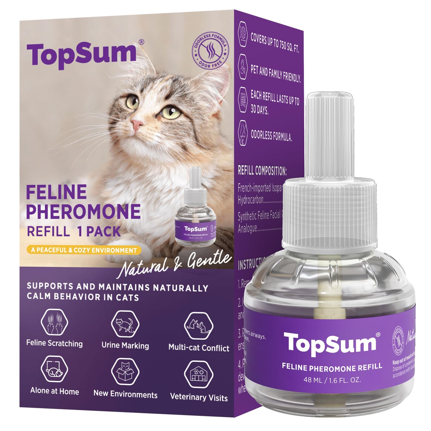 TopSum Cat Calming Pheromone Diffuser: Feline Pheromones Plug in for Stress, Alone At Home, Spraying, Fighting, Scratching, Aggression & Excessive Meowing (Purple– 6 Refills)