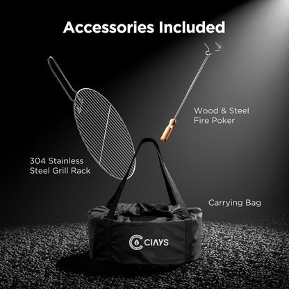 CIAYS Smokeless Firepit, 19 Inch Fire Pit for Camping with Patented Technology, Portable Fire Pit for Outside with Steel Grill Rack, Fire Poker, and Bag, Easy Setup and Storage, Wood Burning