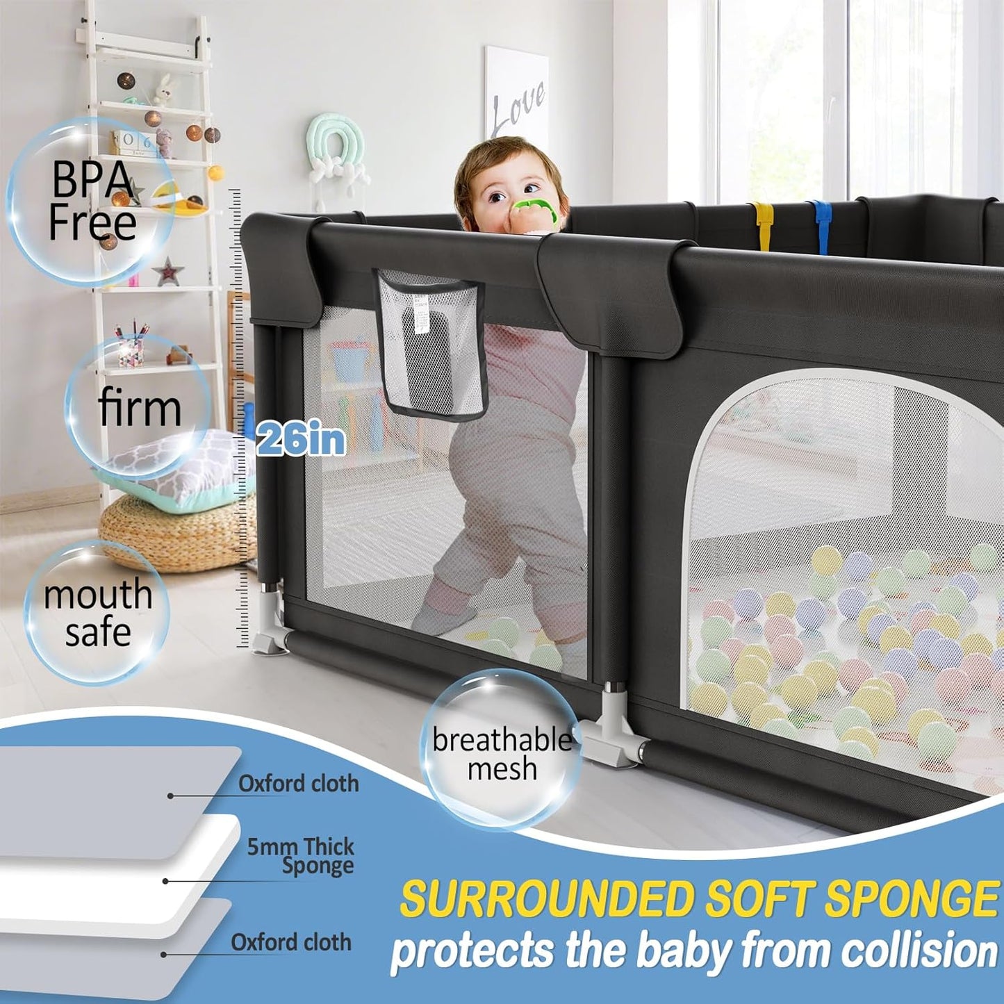 Palopalo Baby Laufgitter, 180x150cm Extra Großer Laufstall für Babys und Kleinkinder, Baby-Aktivitätszentrum mit 8 Saugnapfbasen, Baby-Laufstall mit Tür und weichem, atmungsaktivem Netz, Ohne Matte
