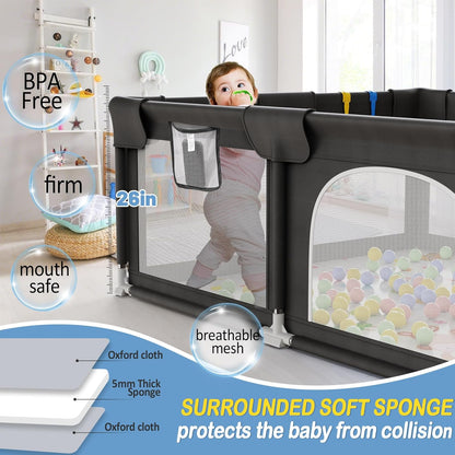 Palopalo Baby Laufgitter, 180x150cm Extra Großer Laufstall für Babys und Kleinkinder, Baby-Aktivitätszentrum mit 8 Saugnapfbasen, Baby-Laufstall mit Tür und weichem, atmungsaktivem Netz, Ohne Matte